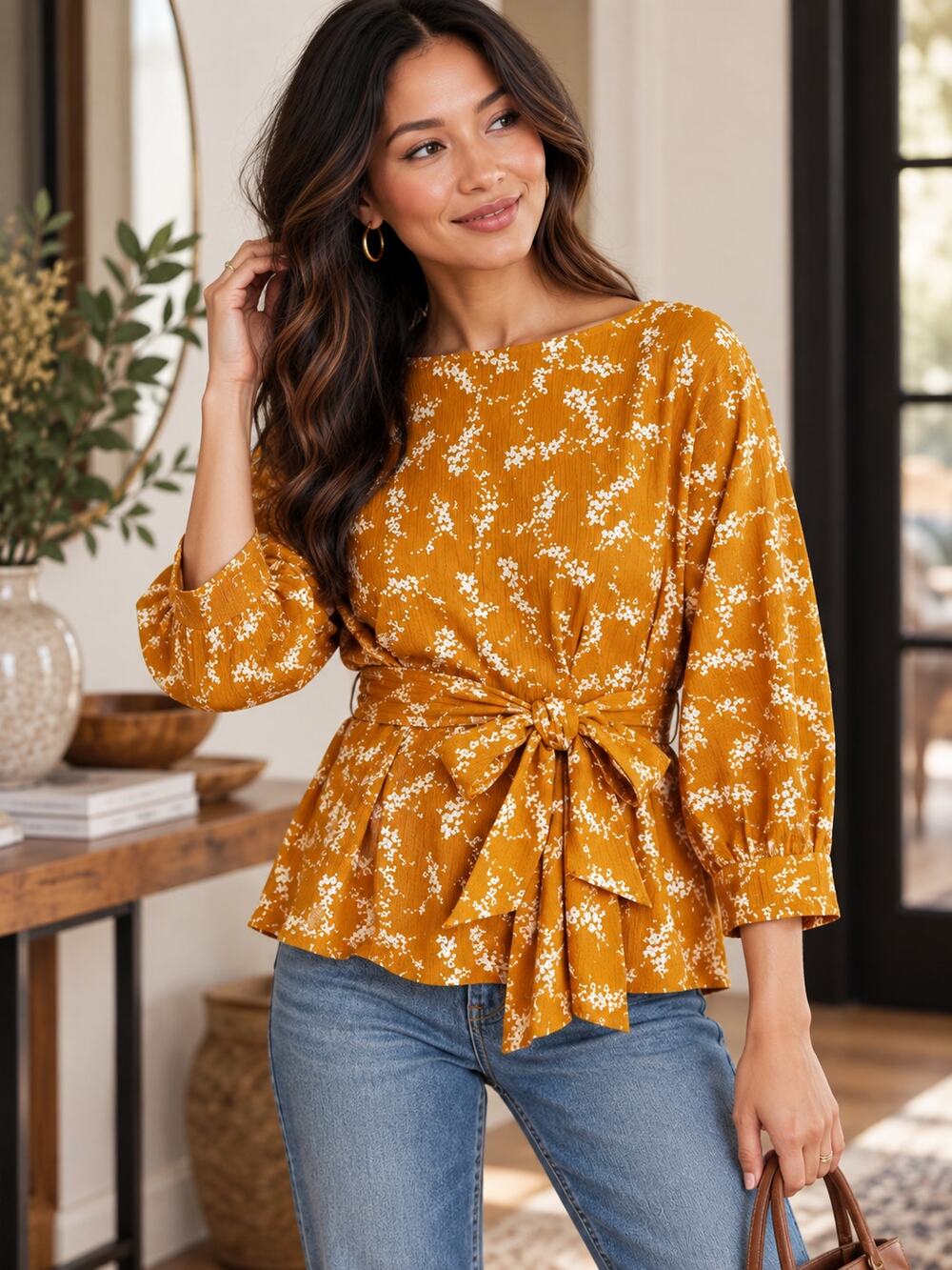 ANTHROPOLOGIE Amber White Floral Tie Waist Peplum Blouse Size Small Fall Boho